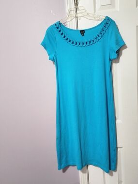 Rafaella Turquoise Short-Sleeve Midi Dress with Braided Neckline